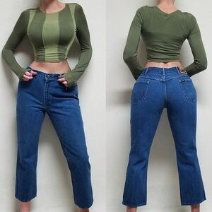 VINTAGE 70s Lee Union Made High Waisted Cropped Flare Cotton Husky Denim Jeans